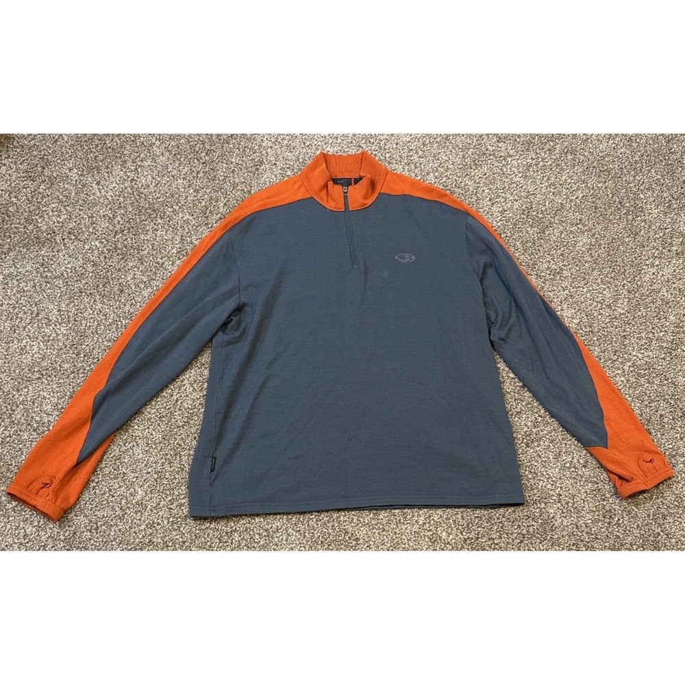 Icebreaker 320 Bodyfit 1/4 Zip Mens L Orange Gray Merino Wool Layer Hiking